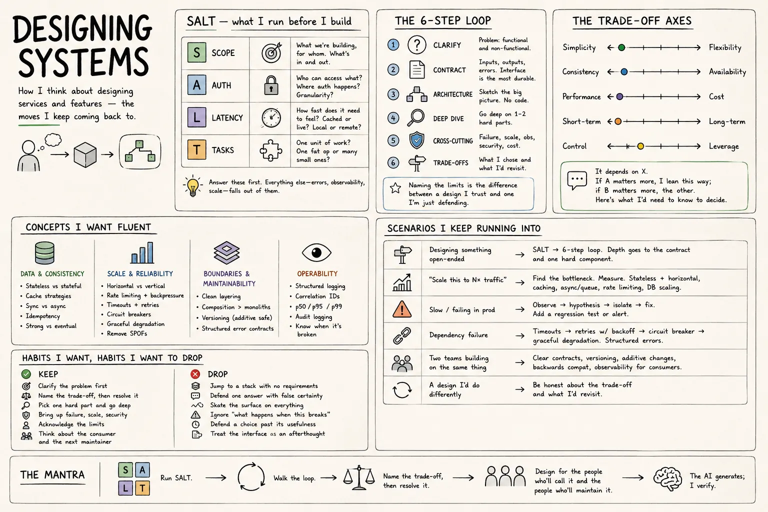 Hand-drawn one-page infographic mapping the full Designing Systems note. Six panels: SALT (Scope, Auth, Latency, Tasks) and the answer-these-first reminder; the 6-step loop from clarify through trade-offs; the trade-off axes (consistency vs availability, simplicity vs flexibility, performance vs cost, short-term vs long-term, control vs leverage); concepts I want fluent (data & consistency, scale & reliability, boundaries & maintainability, operability); habits I want to keep vs drop; scenarios I keep running into. Mantra strip at the bottom: Run SALT → walk the loop → name the trade-off → design for the people who call it and maintain it → the AI generates, I verify.