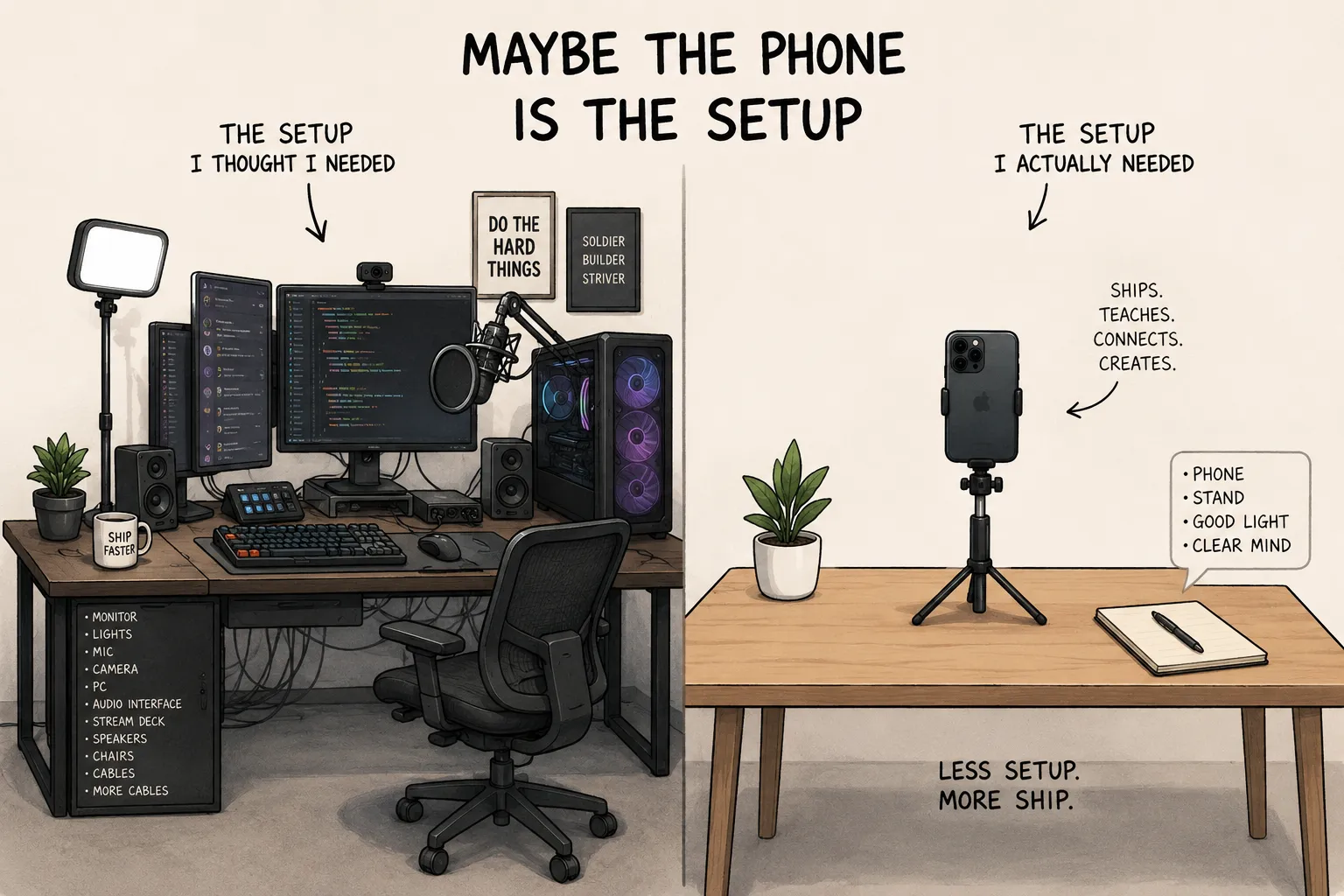 Two desks side by side. On the left, an elaborate streamer-style rig — monitors, lights, mic, camera, audio interface, stream deck, cables everywhere — labeled "the setup I thought I needed." On the right, a clean desk with a phone on a tripod, a plant, and a notebook, labeled "the setup I actually needed." Caption: Maybe the phone is the setup. Less setup, more ship.
